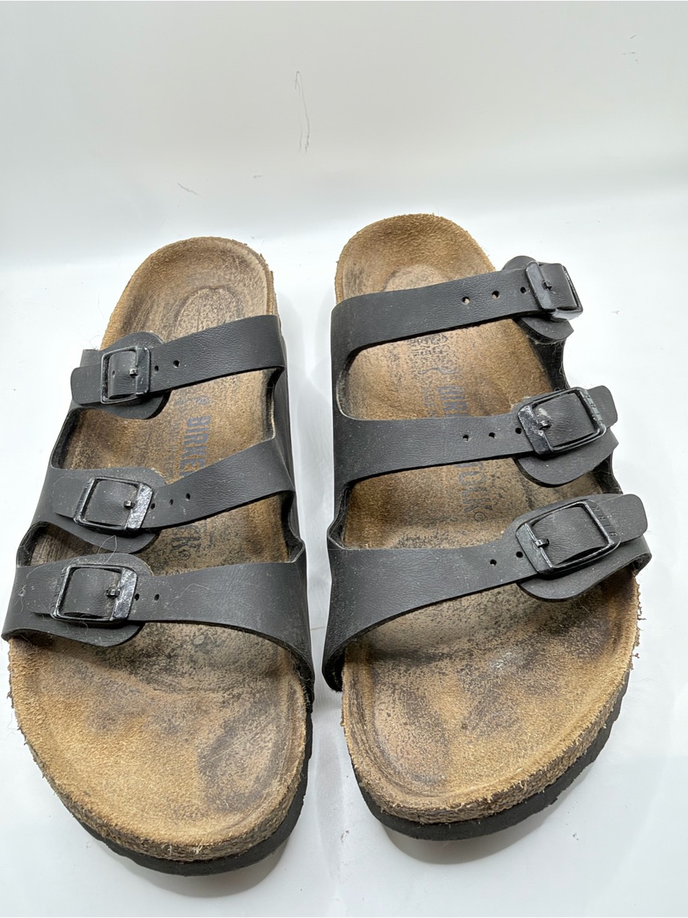 Birkenstock Three-Strap Black Leather Footbed Sandals